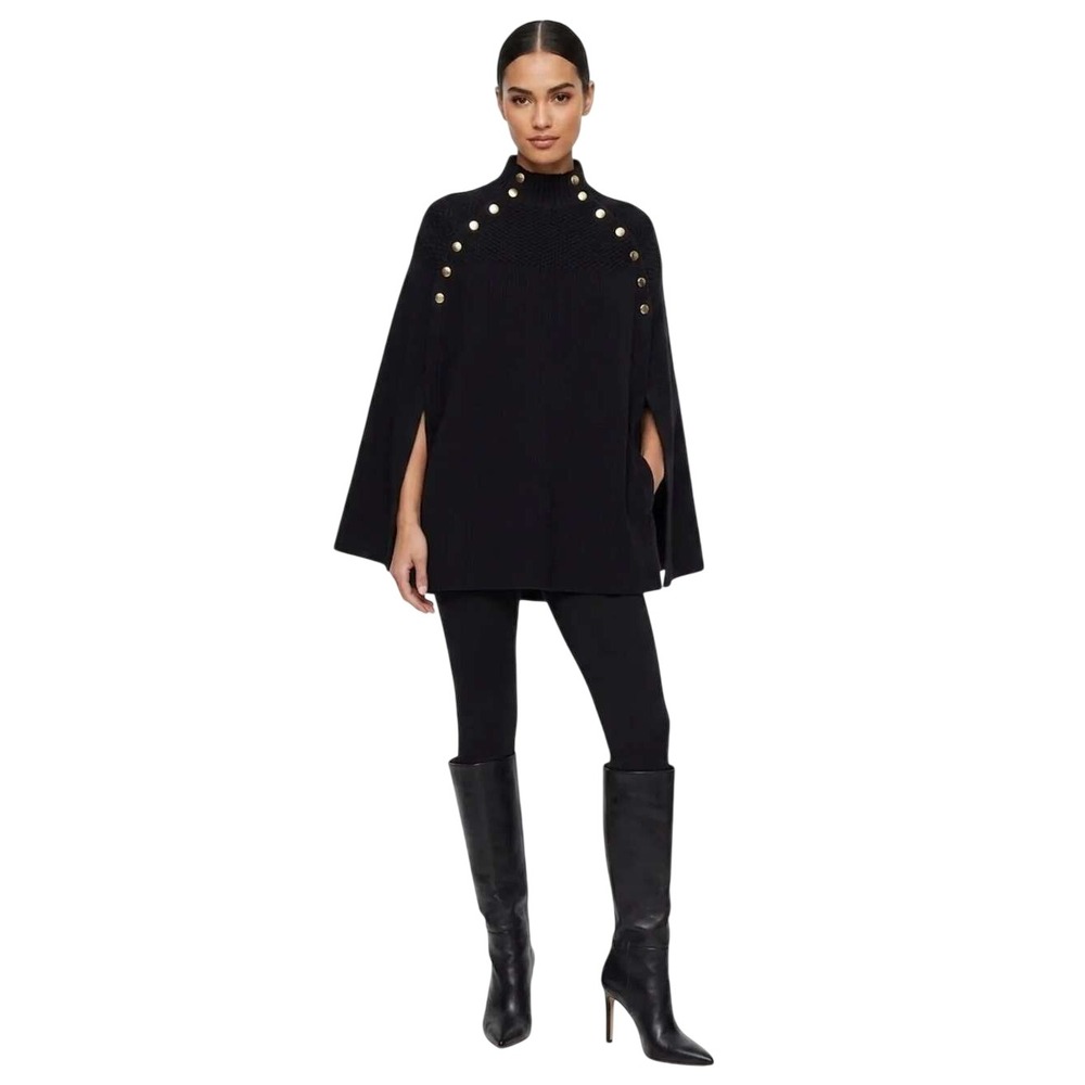 G.I.L.I. Cape Sweater Mock Neck Gold Button Navy Blue XS/S Ribbed Knit Poncho